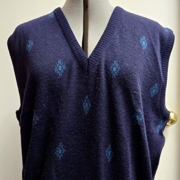 Maglificio Florence Acrylic Wool Blend Vest Diamond Pattern Size Large Dark Blue - Picture 1 of 4